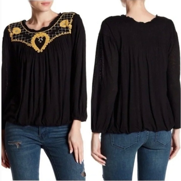 Free People Begonia Embroidered Long Sleeve Top Black Size Medium - Picture 1 of 7